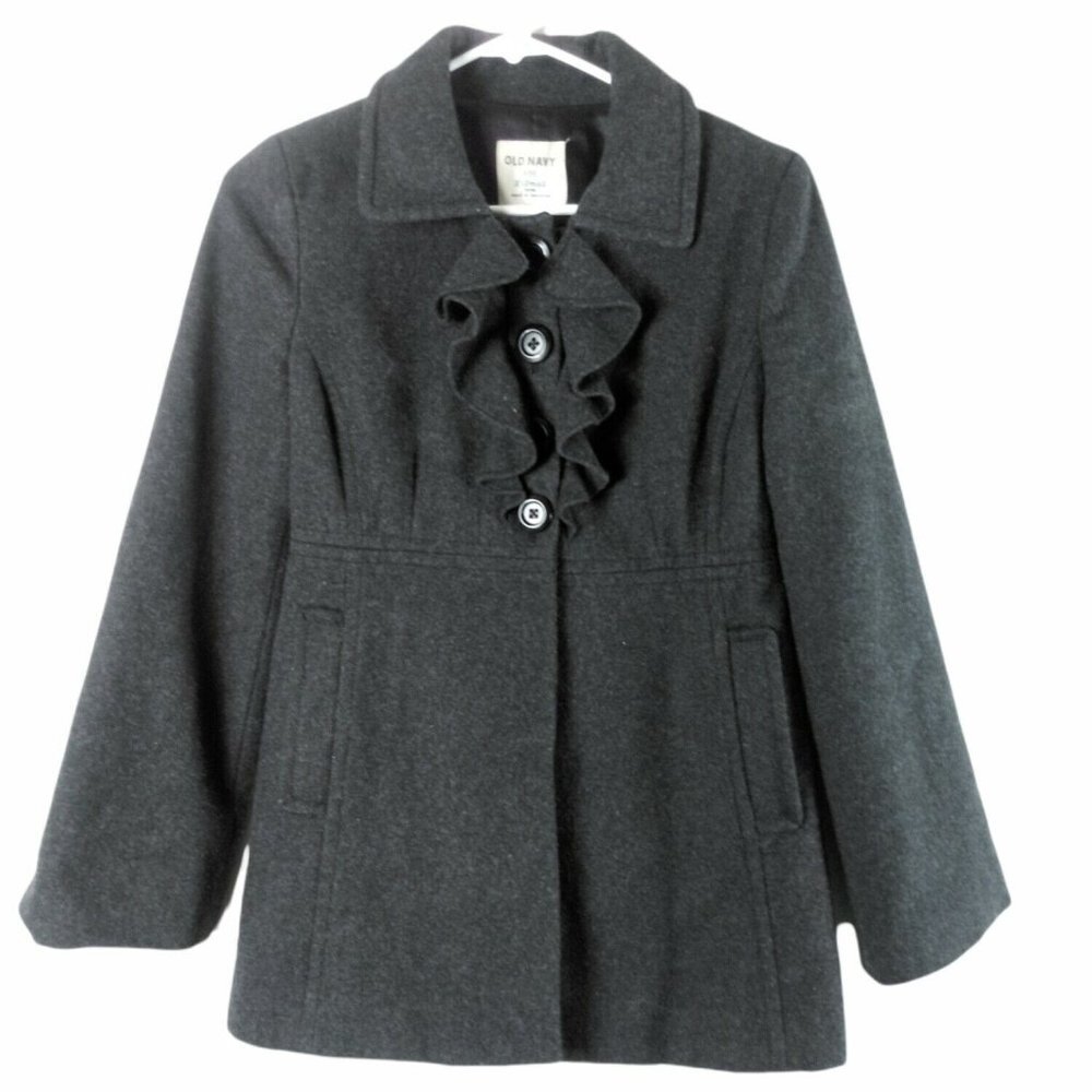 Old Navy Womens Recycled Wool Blend Coat Ruffled Button Front XS Petite DarkGray